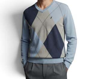 NAUTICA Sustainable Argyle V Neck Pullover Sweater Size XL